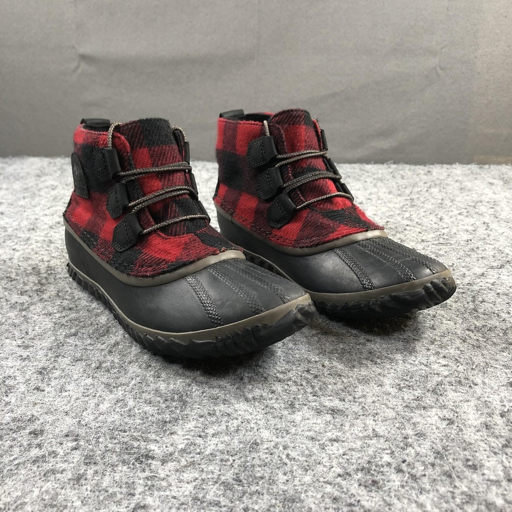 Sorel Boots Womens 8.5 Red Plaid Waterproof Wedge Rain Ankle NL2544-011